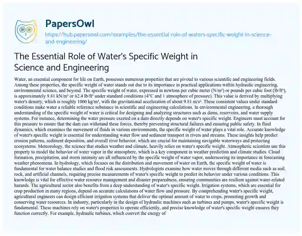 Essay on The Essential Role of Water’s Specific Weight in Science and Engineering