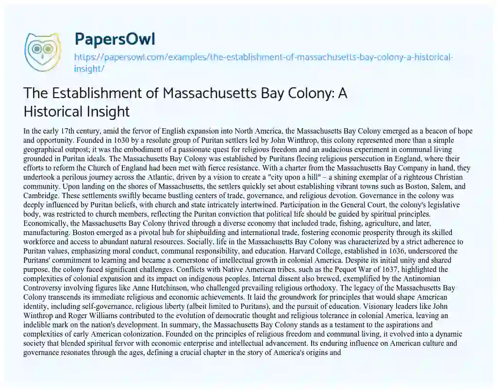 Essay on The Establishment of Massachusetts Bay Colony: A Historical Insight