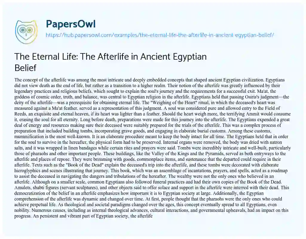 Essay on The Eternal Life: The Afterlife in Ancient Egyptian Belief