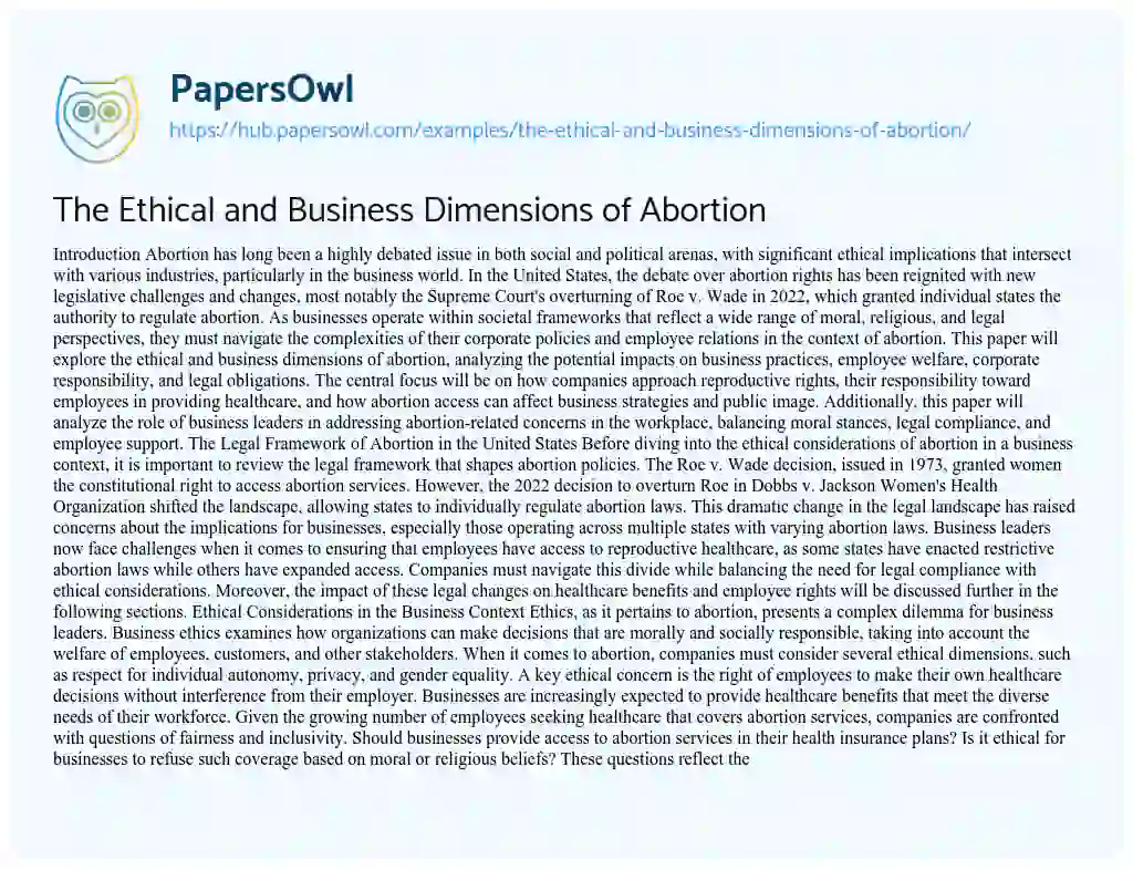 Essay on The Ethical and Business Dimensions of Abortion