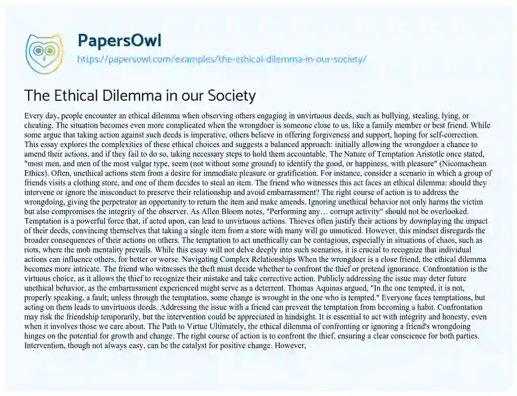 Essay on The Ethical Dilemma in our Society