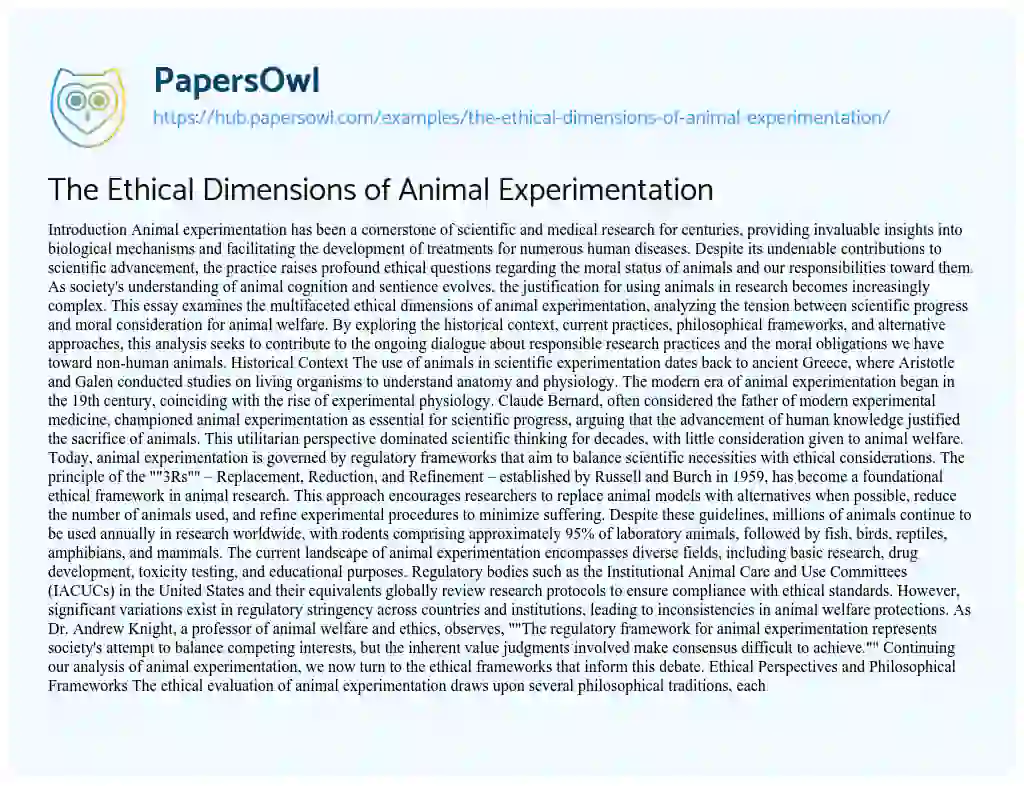 Essay on The Ethical Dimensions of Animal Experimentation