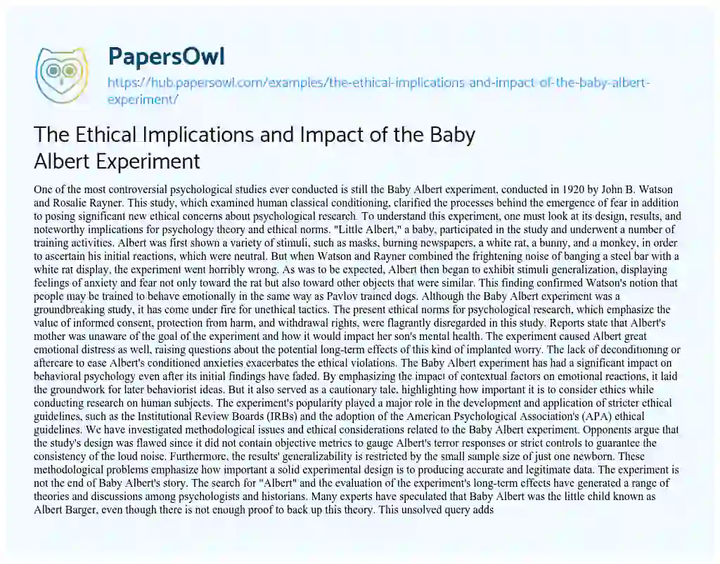 Essay on The Ethical Implications and Impact of the Baby Albert Experiment