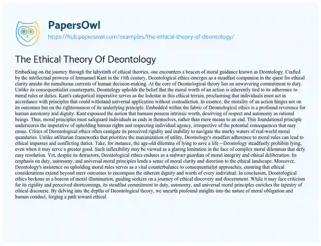 Essay on The Ethical Theory Of Deontology