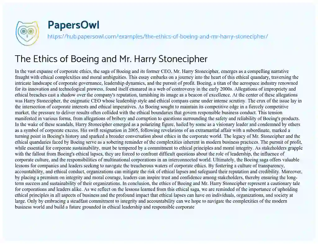 Essay on The Ethics of Boeing and Mr. Harry Stonecipher
