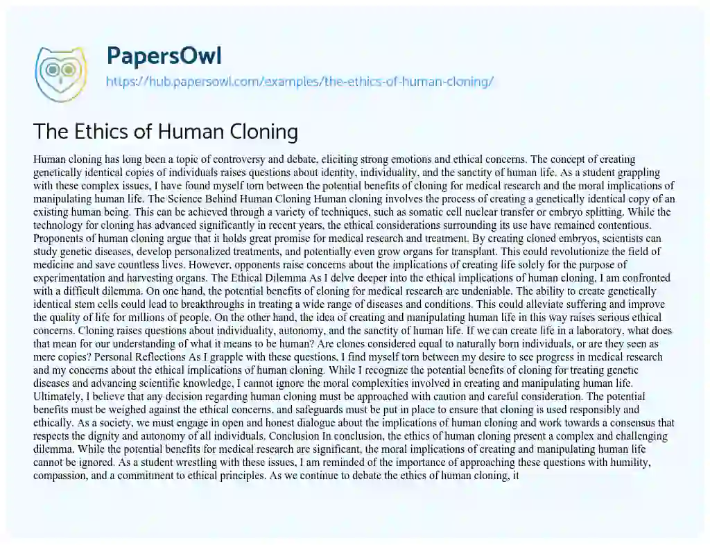 Essay on The Ethics of Human Cloning