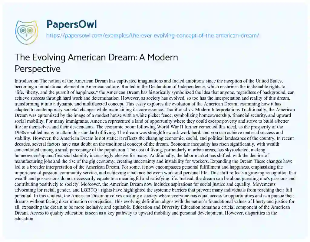 Essay on The Evolving American Dream: A Modern Perspective