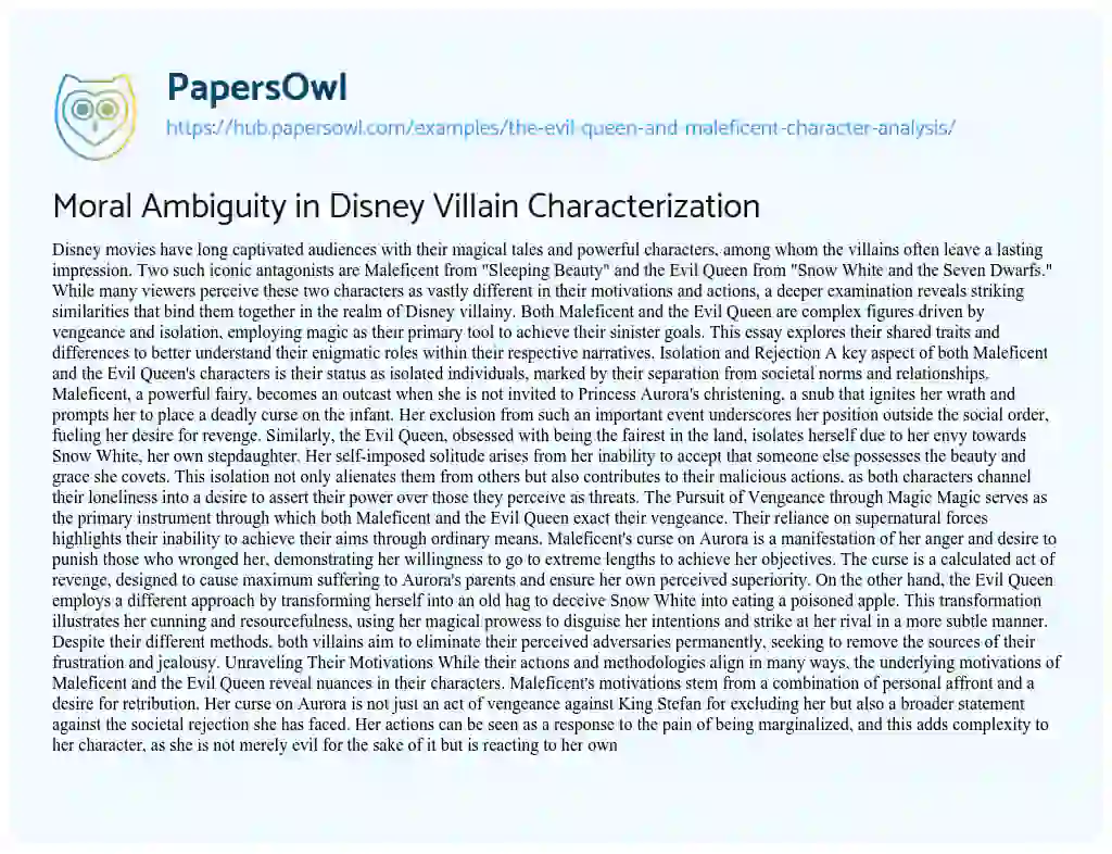 Essay on Moral Ambiguity in Disney Villain Characterization