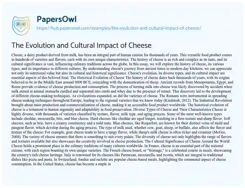 Essay on The Evolution and Cultural Impact of Cheese