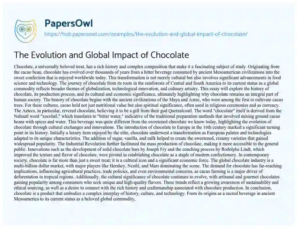 Essay on The Evolution and Global Impact of Chocolate