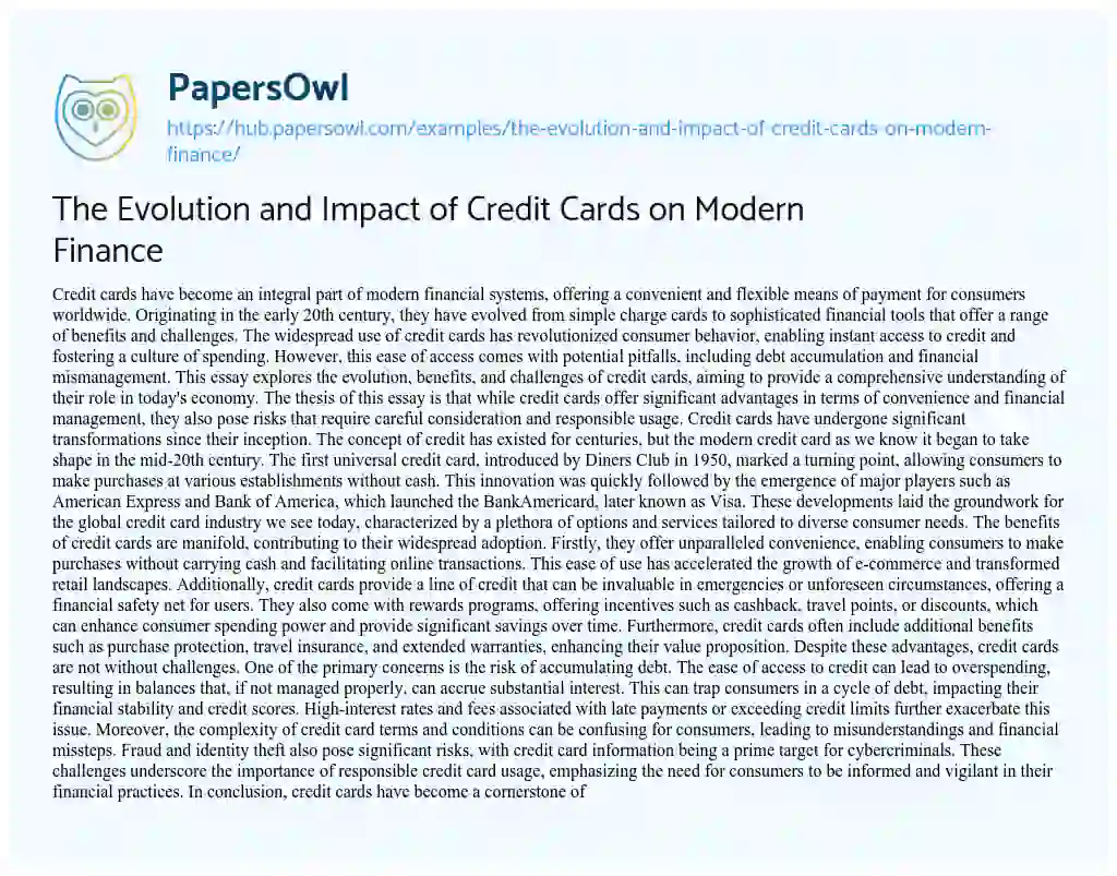 Essay on The Evolution and Impact of Credit Cards on Modern Finance