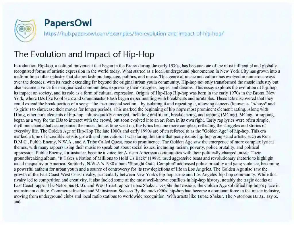 Essay on The Evolution and Impact of Hip-Hop