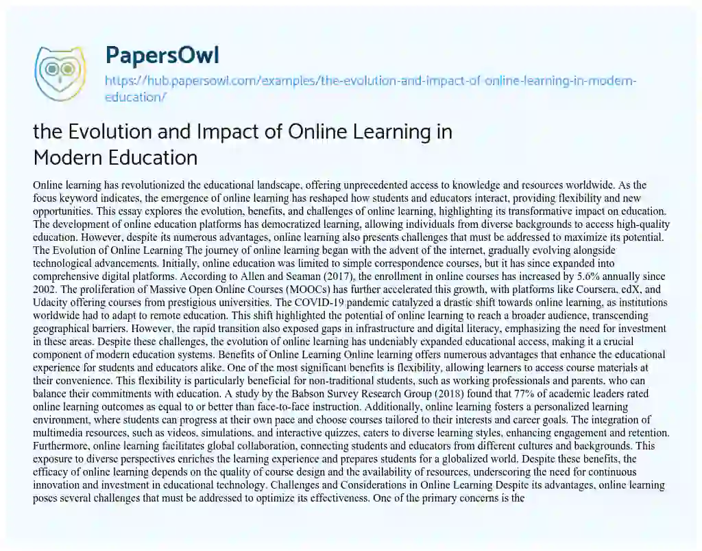 Essay on the Evolution and Impact of Online Learning in Modern Education