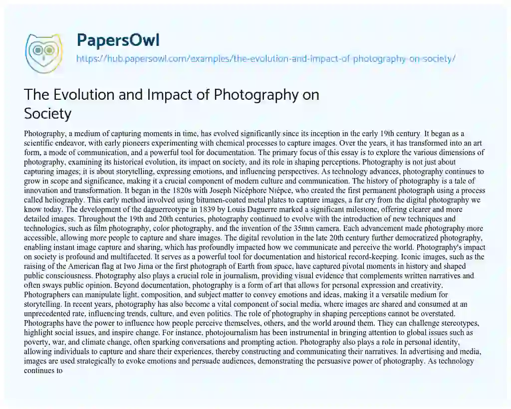 Essay on The Evolution and Impact of Photography on Society