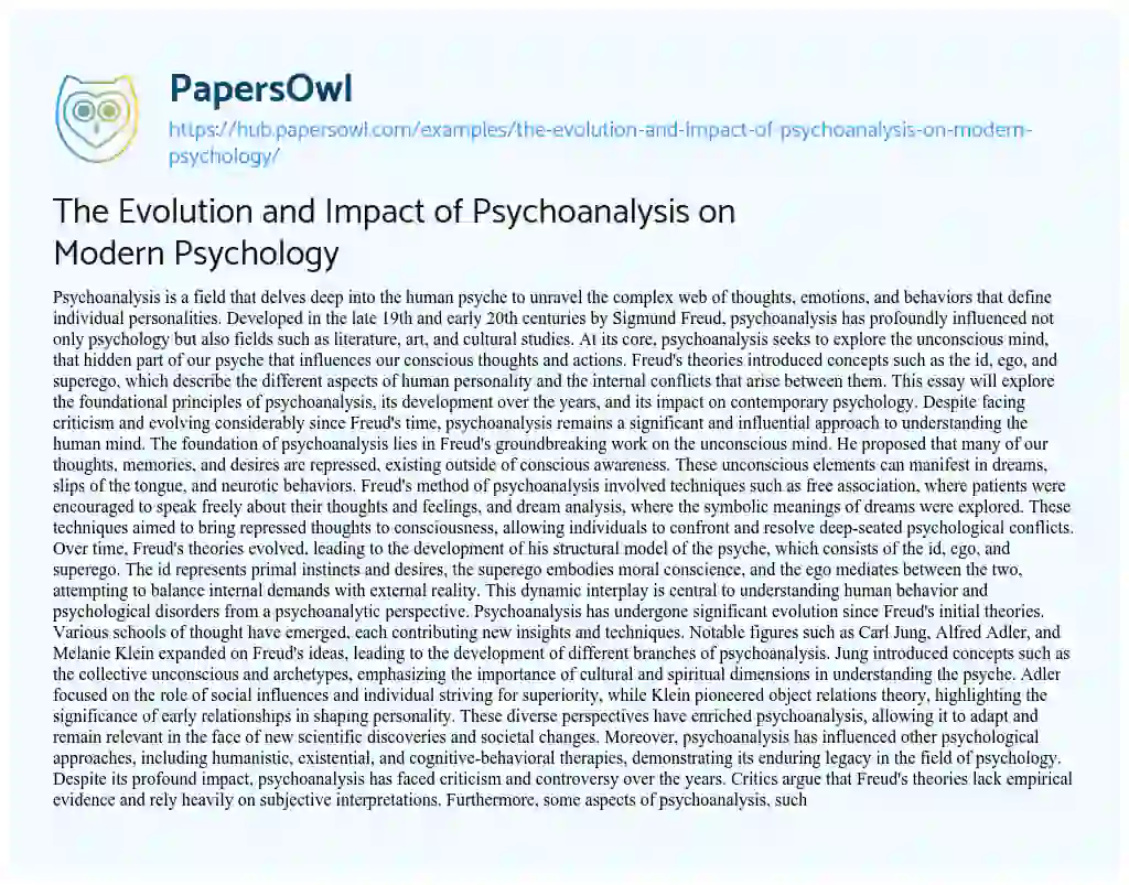 Essay on The Evolution and Impact of Psychoanalysis on Modern Psychology