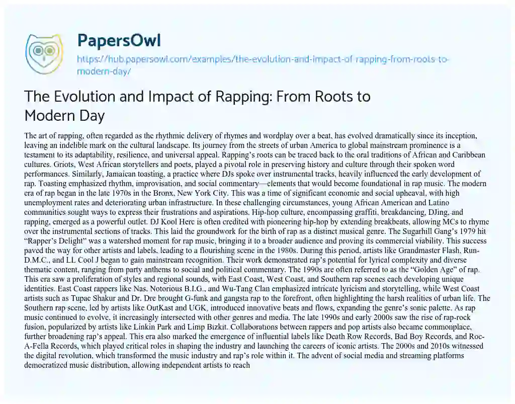 Essay on The Evolution and Impact of Rapping: From Roots to Modern Day