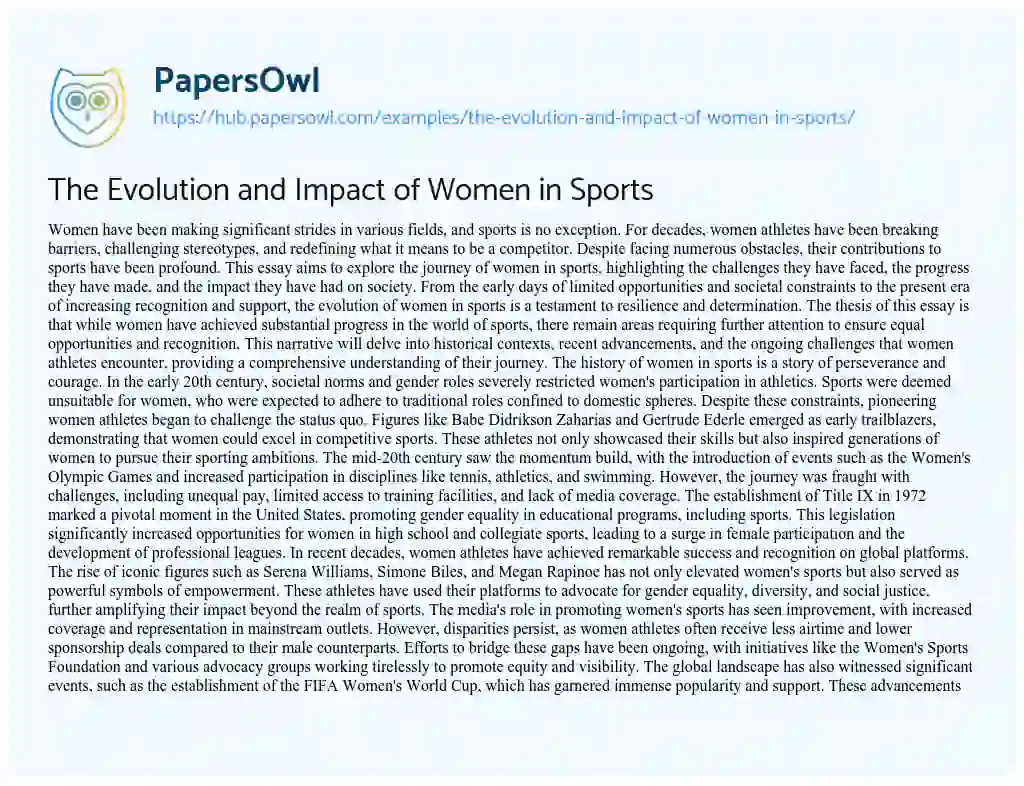 Essay on The Evolution and Impact of Women in Sports