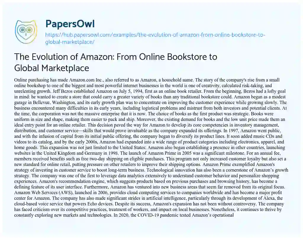 Essay on The Evolution of Amazon: From Online Bookstore to Global Marketplace