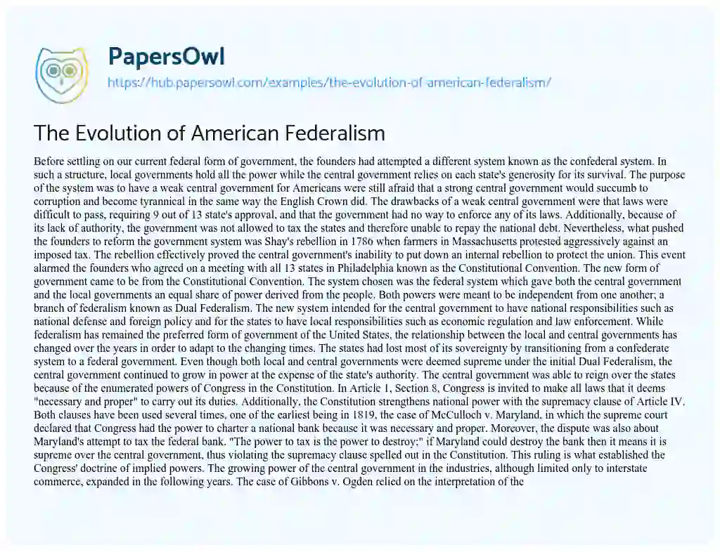 Essay on The Evolution of American Federalism
