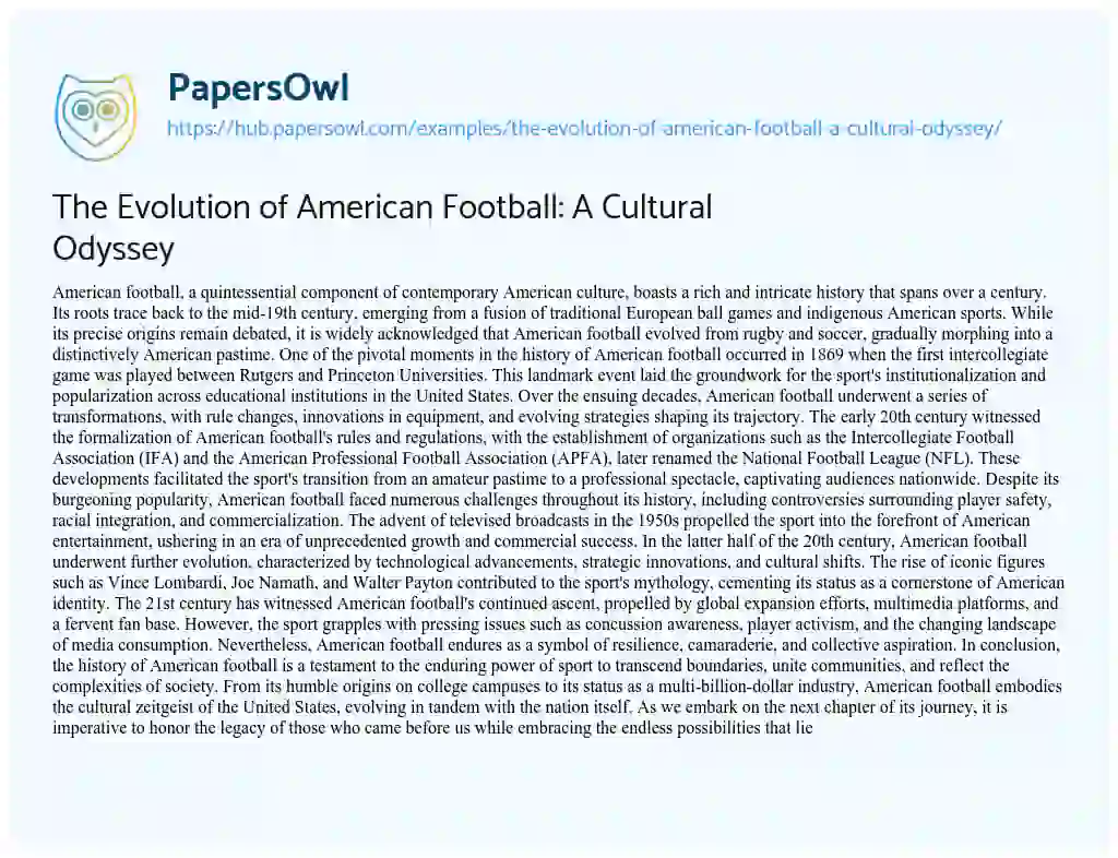 Essay on The Evolution of American Football: A Cultural Odyssey