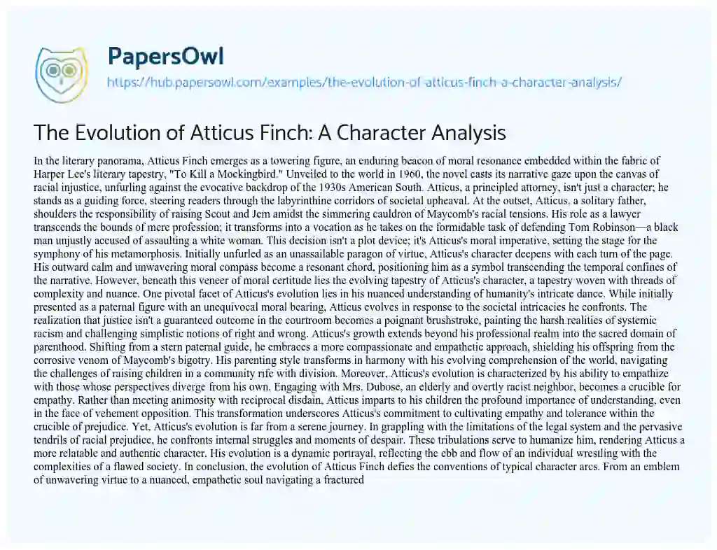 Essay on The Evolution of Atticus Finch: A Character Analysis