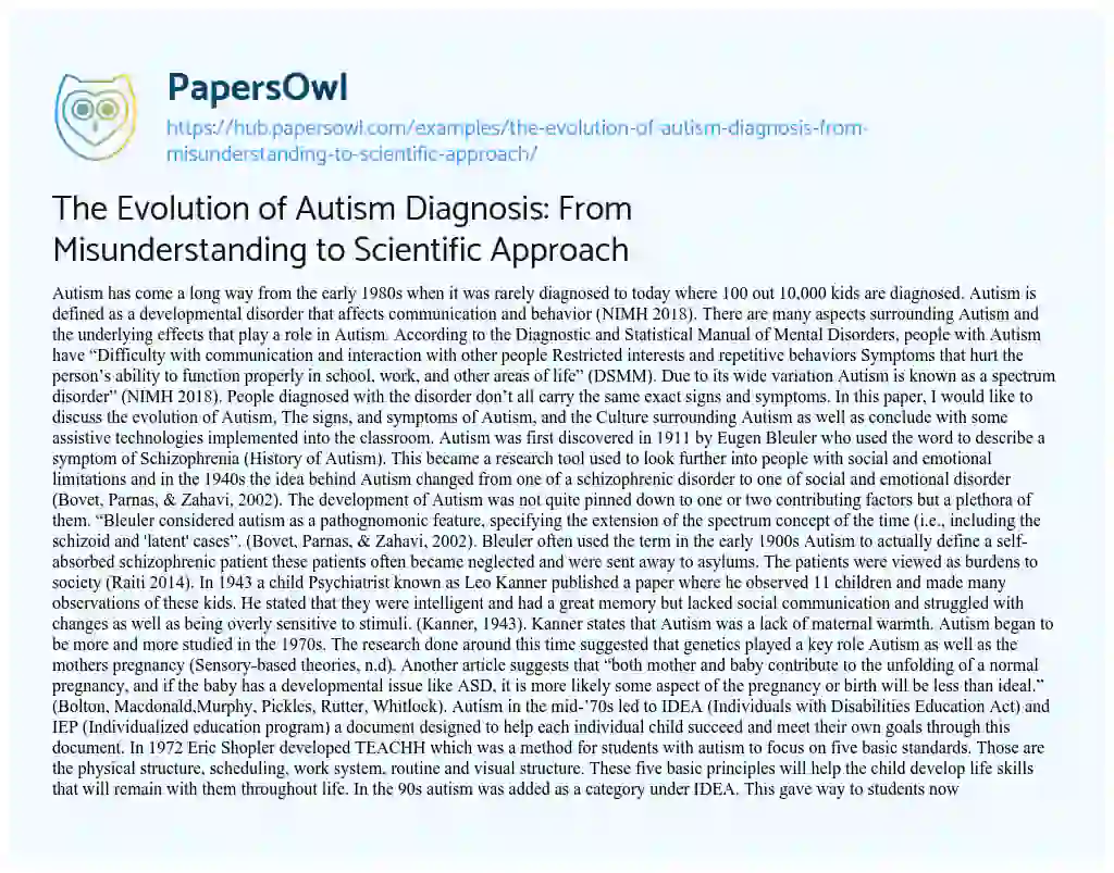 Essay on The Evolution of Autism Diagnosis: From Misunderstanding to Scientific Approach