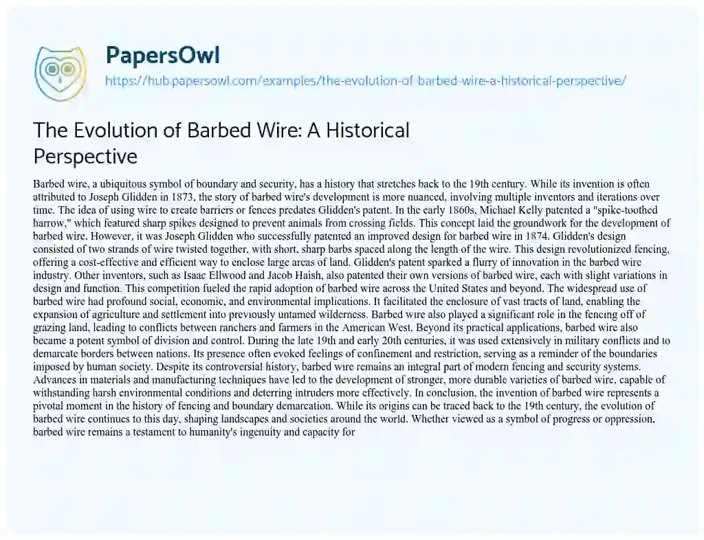 Essay on The Evolution of Barbed Wire: A Historical Perspective