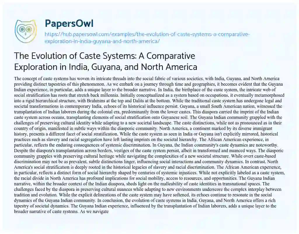 Essay on The Evolution of Caste Systems: A Comparative Exploration in India, Guyana, and North America