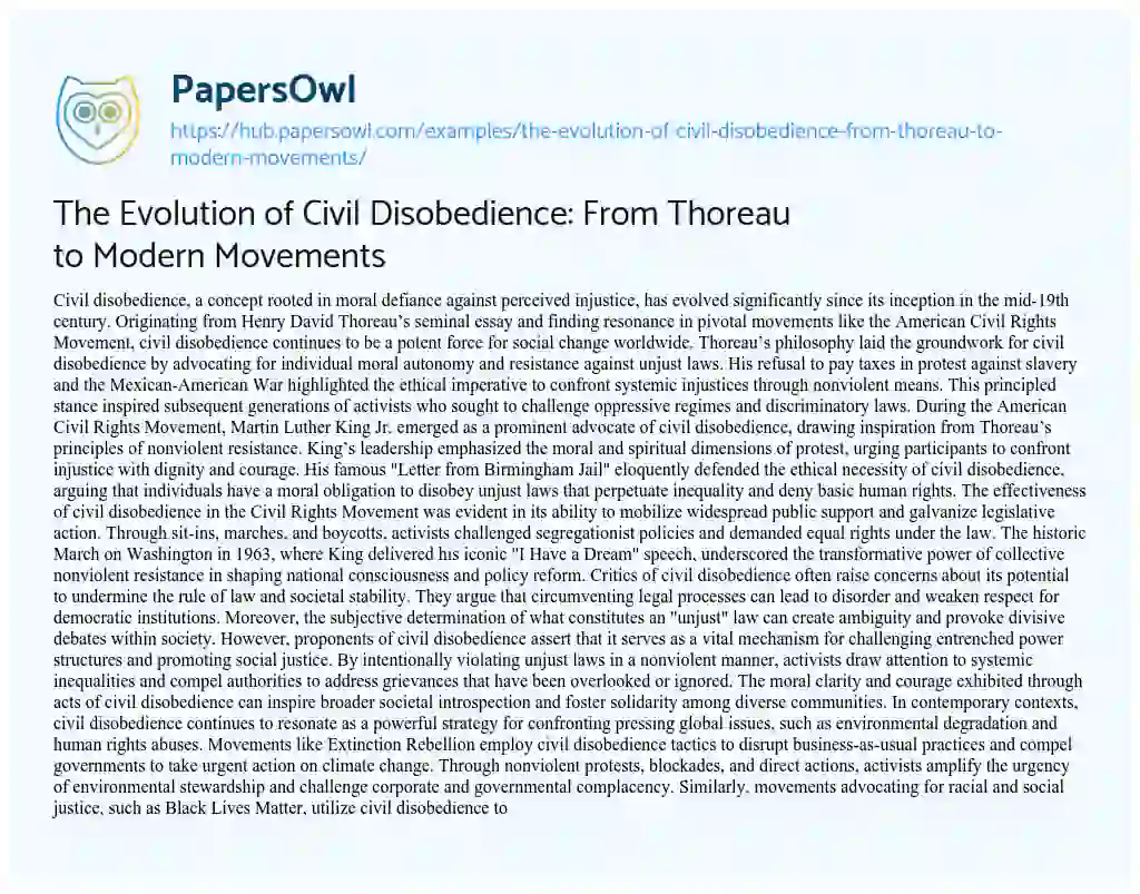 Essay on The Evolution of Civil Disobedience: From Thoreau to Modern Movements