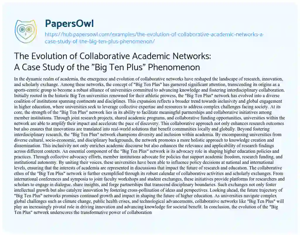 Essay on The Evolution of Collaborative Academic Networks: A Case Study of the “Big Ten Plus” Phenomenon