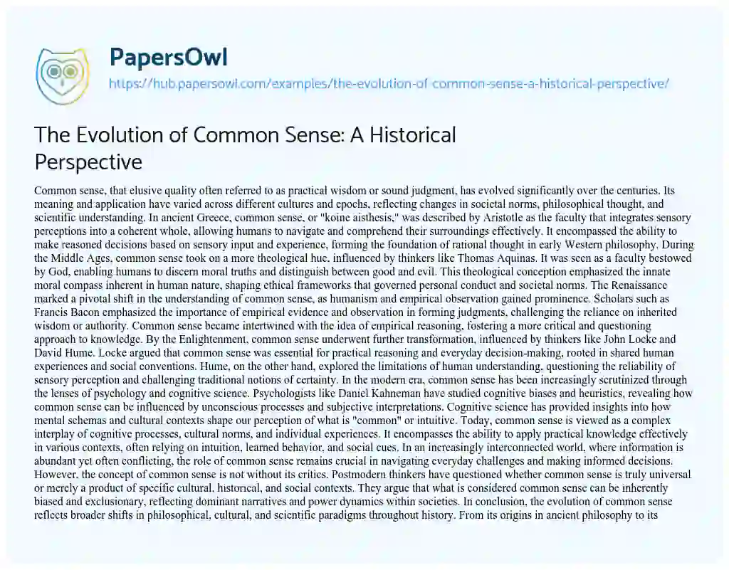 Essay on The Evolution of Common Sense: A Historical Perspective
