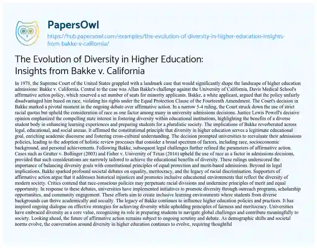 Essay on The Evolution of Diversity in Higher Education: Insights from Bakke v. California