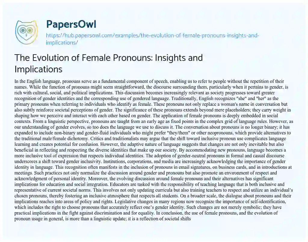 Essay on The Evolution of Female Pronouns: Insights and Implications