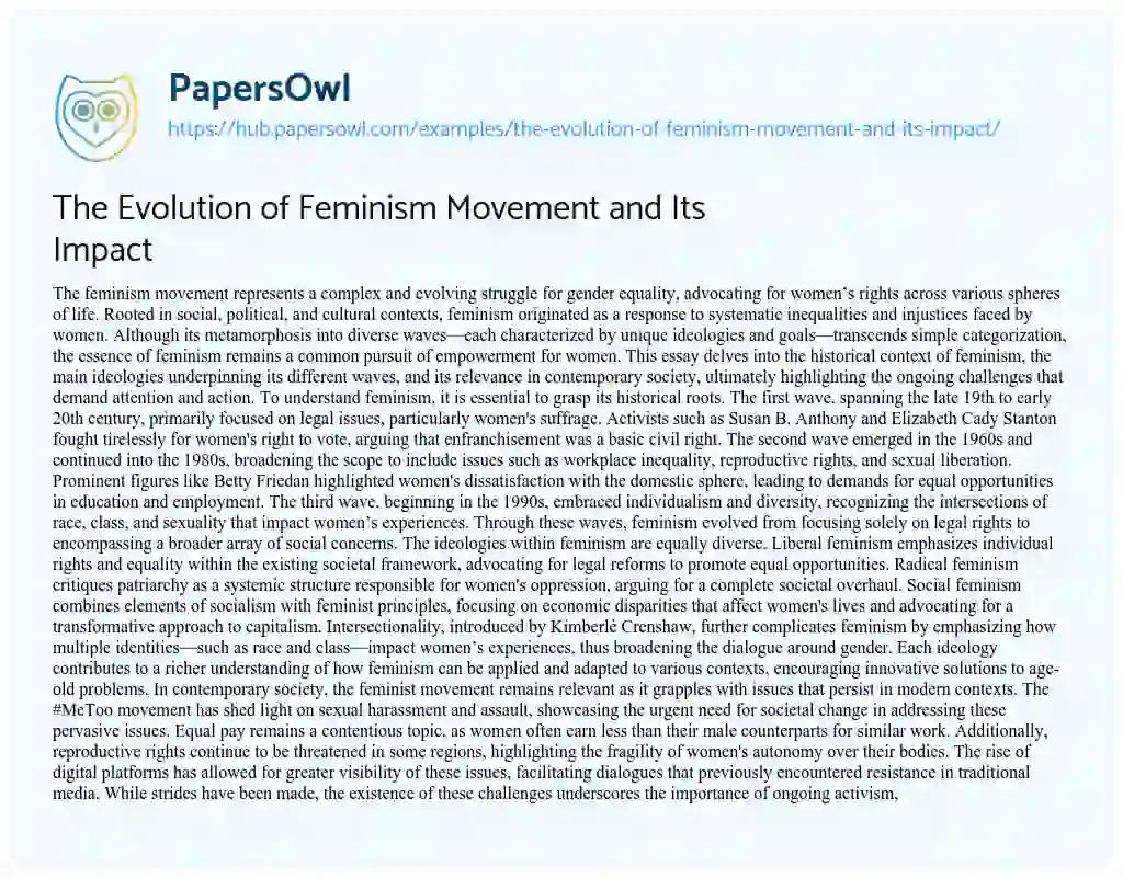 Essay on The Evolution of Feminism Movement and Its Impact