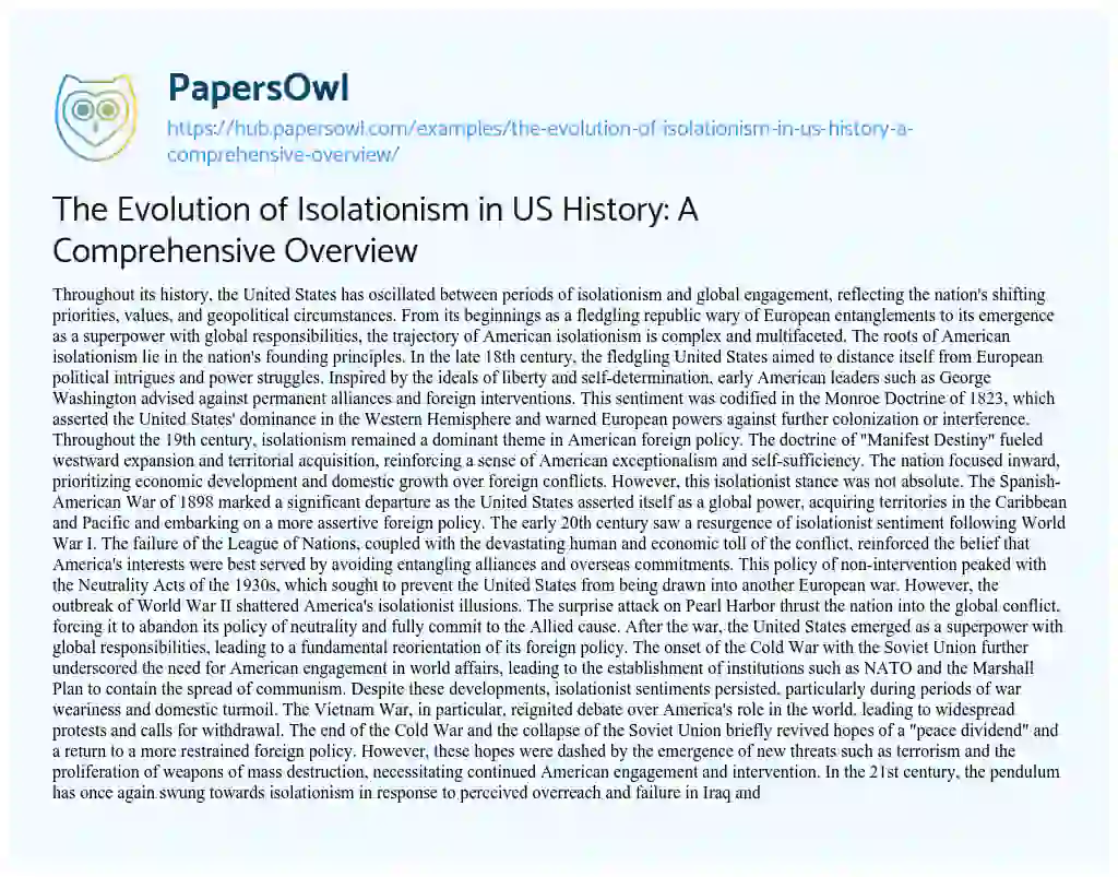 Essay on The Evolution of Isolationism in US History: A Comprehensive Overview