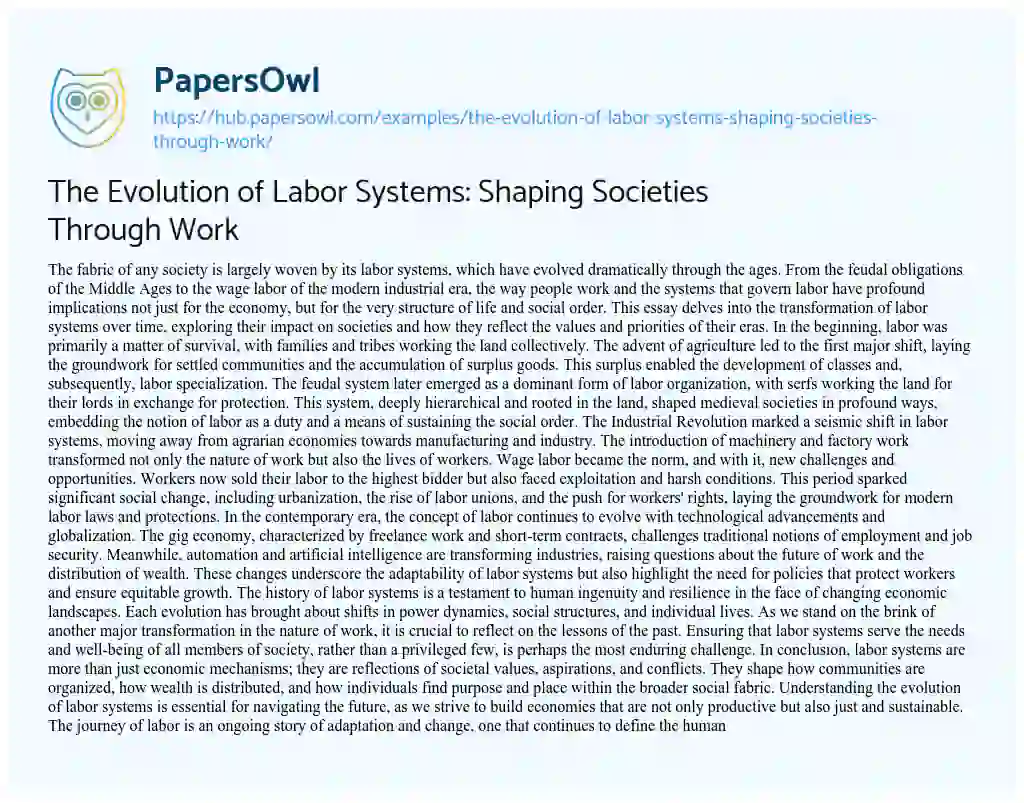 Essay on The Evolution of Labor Systems: Shaping Societies Through Work
