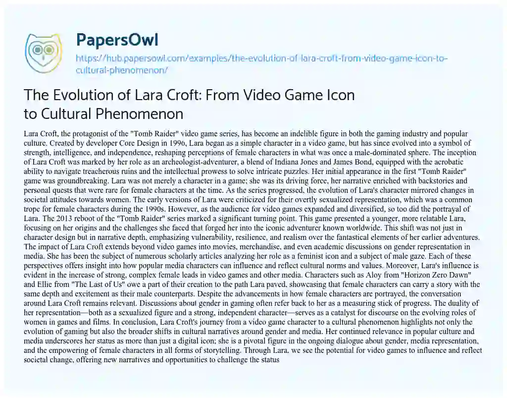 Essay on The Evolution of Lara Croft: From Video Game Icon to Cultural Phenomenon