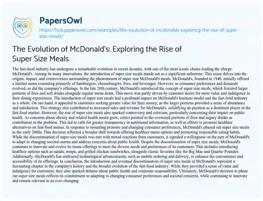 Essay on The Evolution of McDonald’s: Exploring the Rise of Super Size Meals