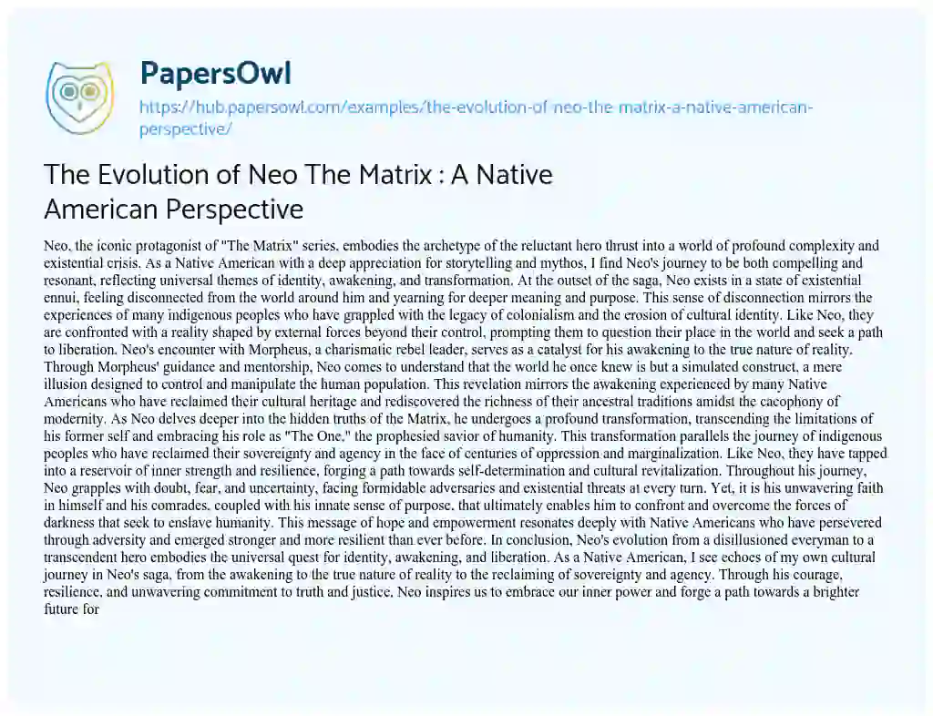 Essay on The Evolution of Neo The Matrix : A Native American Perspective