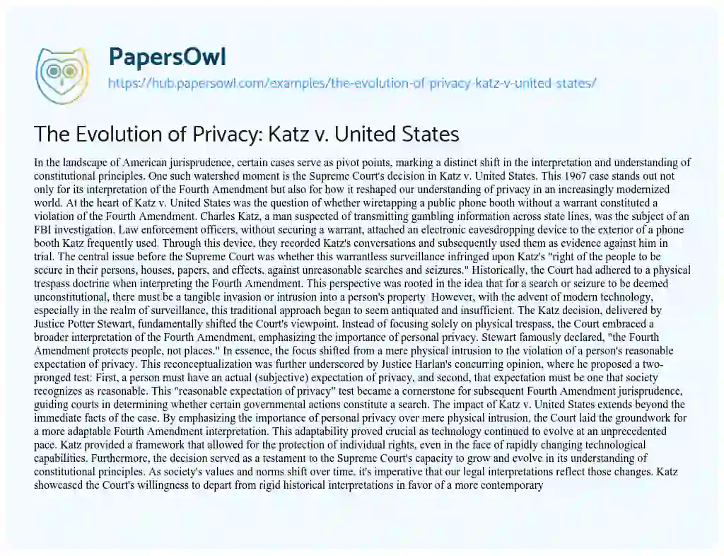 Essay on The Evolution of Privacy: Katz v. United States