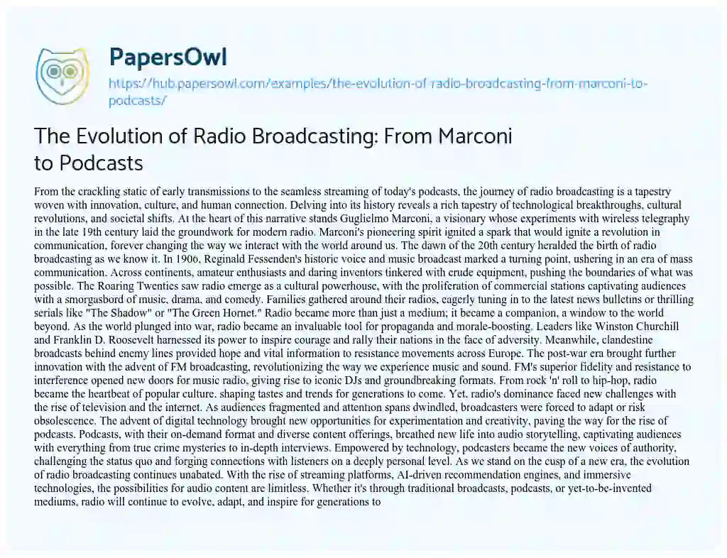 Essay on The Evolution of Radio Broadcasting: From Marconi to Podcasts