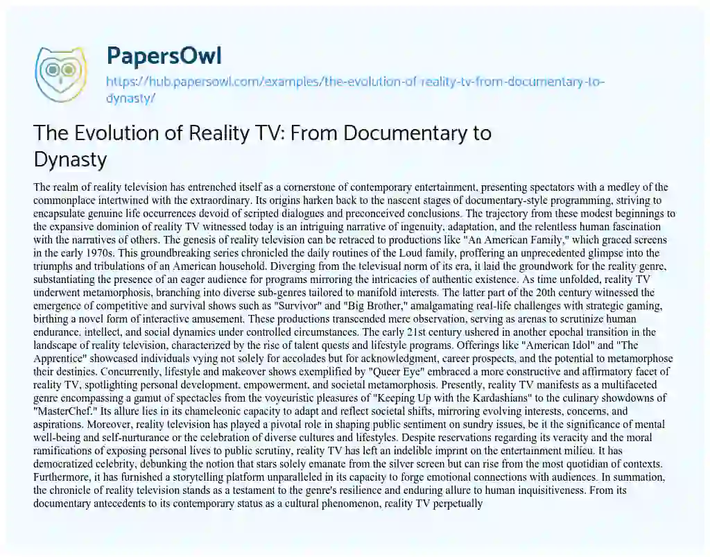 Essay on The Evolution of Reality TV: From Documentary to Dynasty