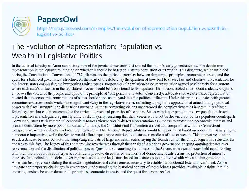 Essay on The Evolution of Representation: Population vs. Wealth in Legislative Politics