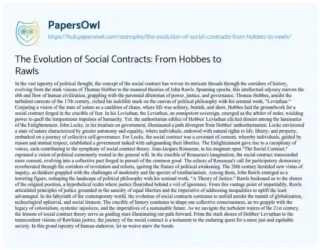 Essay on The Evolution of Social Contracts: From Hobbes to Rawls