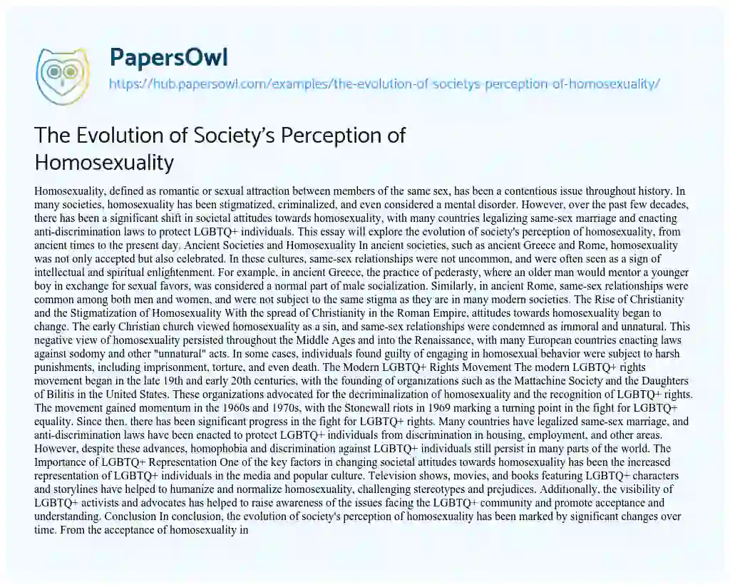 Essay on The Evolution of Society’s Perception of Homosexuality