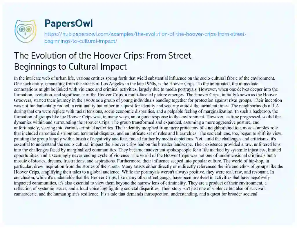Essay on The Evolution of the Hoover Crips: From Street Beginnings to Cultural Impact