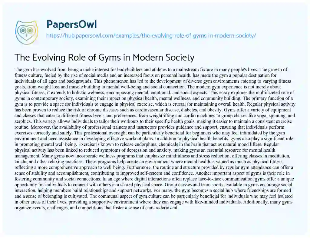 Essay on The Evolving Role of Gyms in Modern Society