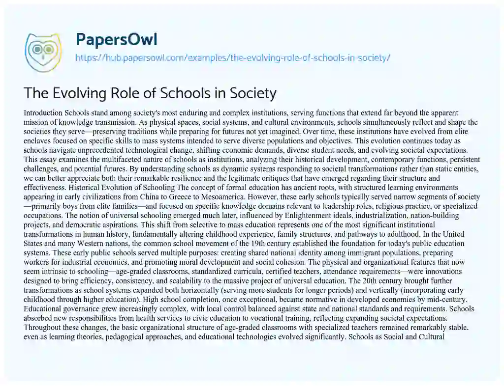 Essay on The Evolving Role of Schools in Society