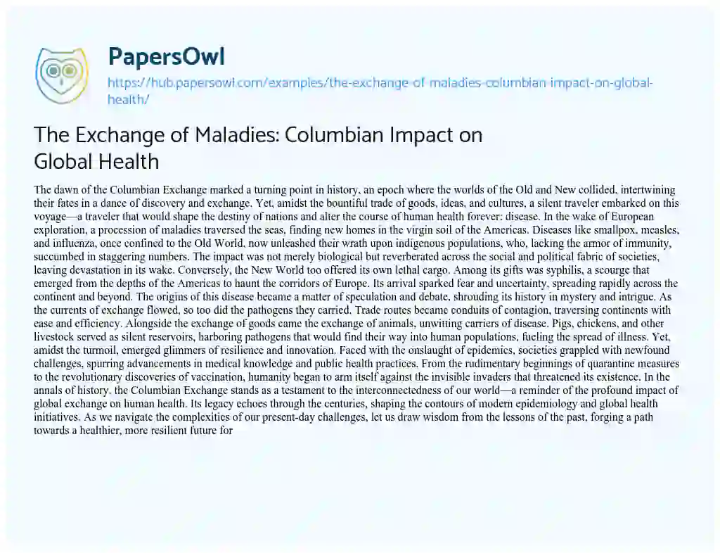 Essay on The Exchange of Maladies: Columbian Impact on Global Health