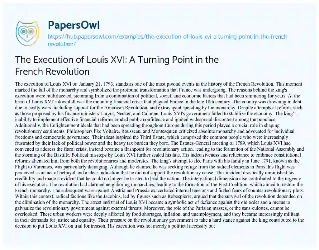 Essay on The Execution of Louis XVI: A Turning Point in the French Revolution